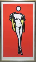 Julian Opie, "Woman taking off man's shirt. 5", serigrafia a colori del 2003, con cornice da galleria