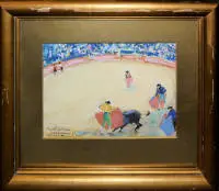 Paul Paeschke, corrida a Malaga, pastello del 1925, cornice originale