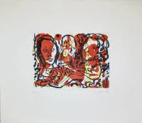 A.R. Penck，3个人物，罕见彩色蚀刻版画