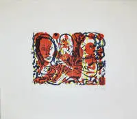 A.R. Penck, 3 figure, rara acquaforte a colori