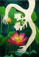 Ren Rong, uomo-pianta con fiore di loto, rilievo in legno, 2006