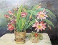 Marie Sandholt，开花的仙人掌与多肉植物，1938 年油画