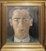 Wilhelm Sauter, tidligt selvportræt fra 1912 og Kurt Bentz, "Kæmmende pige", 2 indrammede oliemalerier