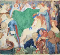 Byam Shaw zugeschr. (attr.), "The Blind-folding of Truth - An Allegory" (Die Verblendung der Wahrheit - Eine Allegorie), Aquarell, um 1909, evtl. Vorstudie zum später bei Morris & Company hergestellten Wandteppich, mit interess. Provenienz
