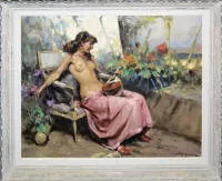 Richard Durando Togo，地中海环境中的持曼陀林年轻女子，代表性油画，精美画框