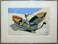 Heinrich Arrigo Wittler, barche sulla spiaggia, guazzo circa 1960, con cornice da galleria