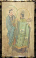两尊道教神像，水墨画，灵感来自中国元代永乐宫壁画