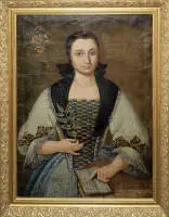 Ritrattista nobiliare, ritratto rappresentativo a tre quarti del 1737 per il 30° compleanno di "Eleonora Englmayerin", con stemma nobiliare, dipinto a olio incorniciato