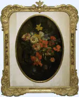 Maestro olandese antico intorno al 1700, splendida natura morta con tulipani, iris e peonie, dipinto a olio in fastosa cornice in stucco del XIX sec.