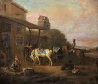 约1750年佚名，乡村休憩场景，华丽灰泥画框油画