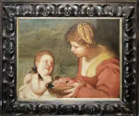 Anonimo XVI sec., Maria porge al Bambino Gesù un cesto di rose, dipinto a olio, in cornice barocca intagliata a mano