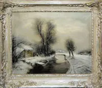 Louis Apol ed E. Penning-Duprin, paesaggi invernali innevati, 2 dipinti a olio, incorniciati