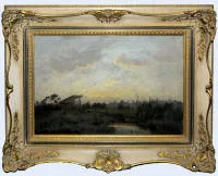 巴比松画派，暮色中的风景，约1860年油画，配优雅巴洛克风格画框