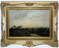 Scuola di Barbizon, paesaggio al crepuscolo, dipinto a olio intorno al 1860, in elegante cornice in stile barocco
