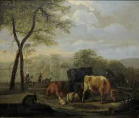 Albert Cuyp 圈子/追随者,古废墟风景中两名女子与牲畜,17世纪油画,旧托裱,旧画框