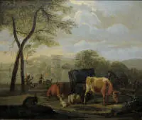 Cerchia/seguaci di Albert Cuyp, scena di bestiame con due donne in un paesaggio con rovine antiche, dipinto a olio sec. 17, foderato anticamente, cornice antica