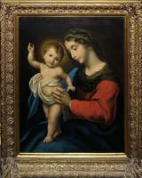 Carlo Dolci, seguaci, Madonna con il Bambino, dipinto a olio rappresentativo del XIX sec. in cornice originale sontuosa in stucco