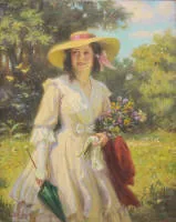 František Bohumil Doubek，夏日自然中的年轻女士，其慕尼黑时期油画，金色灰泥画框