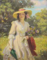 František Bohumil Doubek, Giovane dama in natura estiva, dipinto a olio del periodo monacense, in cornice dorata intagliata