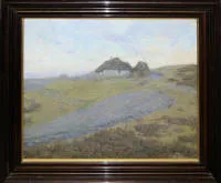 Ole Wolhardt Stampe Due，丹麦风景与茅草屋顶房屋，1902年大幅油画，带框