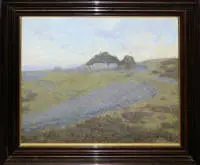 Ole Wolhardt Stampe Due, Paesaggio danese con casa dal tetto di paglia, grande dipinto a olio del 1902, incorniciato