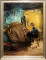 Walther Firle, interno con uomo che ripara una nassa, dipinto a olio, incorniciato
