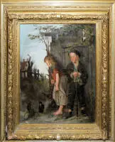 Georg Fischinger, Due bambini nel bosco (Hansel e Gretel), dipinto a olio intorno al 1900, nella cornice originale intagliata