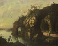 法国或意大利画派约1680/1700年，仿古阿卡迪亚废墟风景中的人物，油画古典金箔灰泥画框
