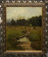 Ludwig Gebhardt, Paesaggio paludoso bavarese con mucche, dipinto a olio intorno al 1870, stato intatto nella cornice originale