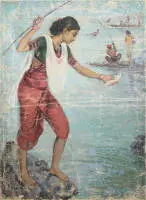 V. S. Gurjar, pescatori, giovane indiana e indiano a pesca, dipinto a olio anni 1930/40, da restaurare