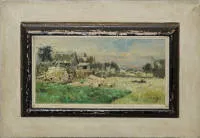 Karl Heffner，村庄上空的晚霞，1893年印象派油画，原装画框