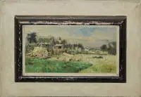 Karl Heffner, Tramonto su un villaggio, dipinto a olio impressionista del 1893, nella cornice originale