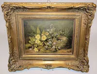 Margarete Hoenerbach，带鸟巢的花卉静物，1886年罕见油画，金色灰泥框