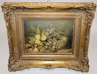 Margarete Hoenerbach, Natura morta floreale con nido d'uccello, raro dipinto a olio del 1886, in cornice dorata a stucco