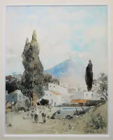 Ludwig Lanckow,那不勒斯附近冒烟的维苏威火山,1895年水彩画,配画廊画框
