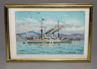 A. Lovichi,《萨摩》,日本军舰,水彩画,带框