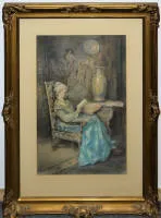 Nicolai Malicheff，上流社会优雅女士阅读，约1900年水彩，带卡纸，原金色灰泥画框