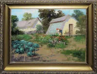 Laszlo Neogrady,戴红头巾采花的女子,印象派油画,带框