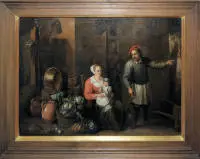 David III Ryckaert, efterfølger/kreds, interiør med bondefamilie, oliemaleri fra 1600-tallet, indrammet