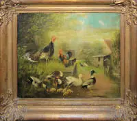 Otto Scheuerer, fjerkræ, pendanter, to oliemalerier omkring 1900, originale og ens indrammet