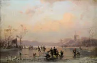 Adolf Stademann,荷兰风景中的冬季冰上娱乐,旧金色灰泥画框中的油画