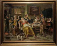 Jan Steen, efter, værtshusscene fra 1600-tallet, repræsentativt oliemaleri omkring 1900/20, indrammet