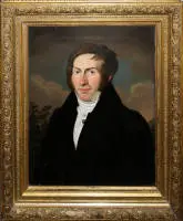 Gustav Albert Traeger, mands- og kvindeportræt, oliemaleri fra 1833 og mixed media omkring 1830/40, begge i forgyldte rammer fra 1800-tallet