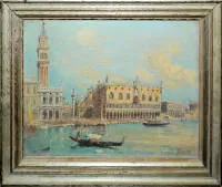 19世纪威尼斯画家，总督宫景观，油画带框