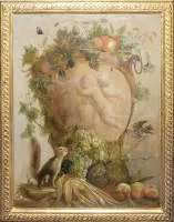 雅各布斯·冯克，丰盛的秋季水果静物，饰有小天使的带耳容器，蝴蝶、画眉和松鼠，油画带框