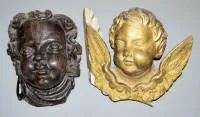 两个较大的巴洛克式小天使头像,金色和黑色,德国南部约1700年