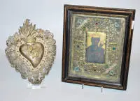 Klosterarbejde med nådebillede af den sorte Madonna, sandsynligvis Bøhmen, 17./1800-tallet og votivhjerte, forsølvet, 1800-tallet