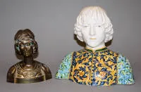 文艺复兴青年与青年风格美人，约1900年两件马约利卡与青铜半身像