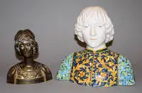 文艺复兴青年与青年风格美人，约1900年两件马约利卡与青铜半身像