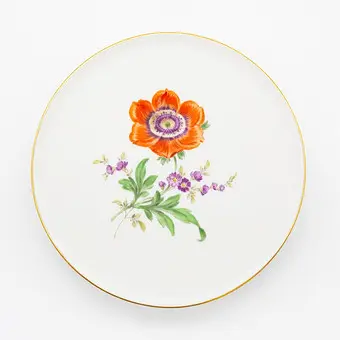 Meissen, kandeunderlag, porcelæn, dekor: blomster, med guldkant, håndmalet, 2. sortering, sværdmærke på bunden